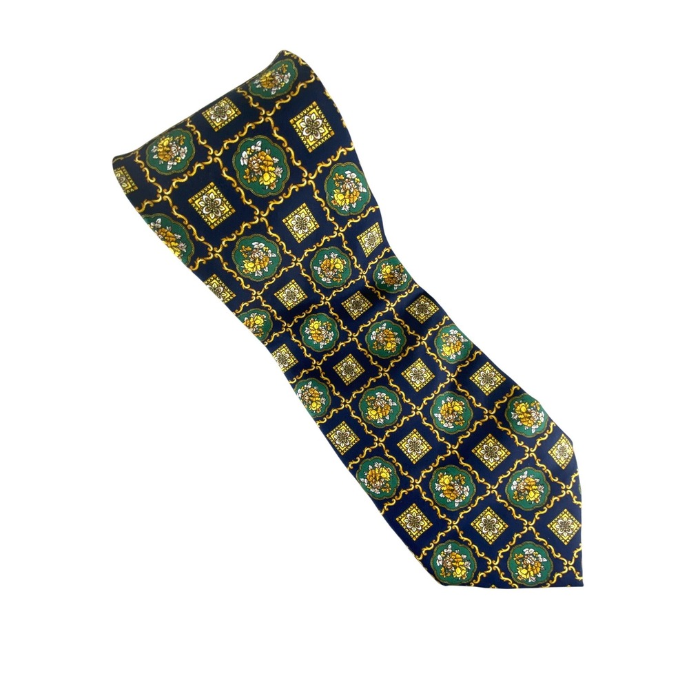 Maxim's de Paris Mens Silk Tie Navy Blue Gold Green Floral Medallion Designer